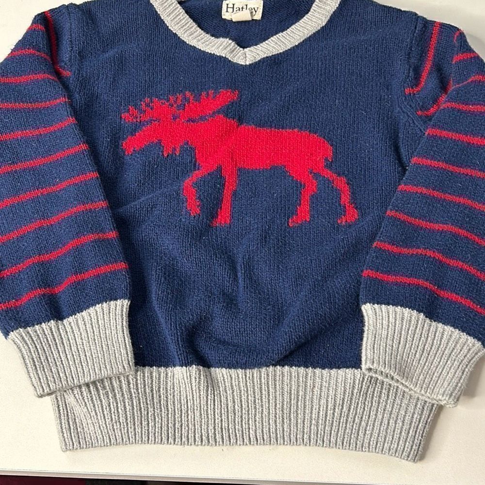 Hatley Moose Knit V neck Sweater kids 3 Striped Sleeves